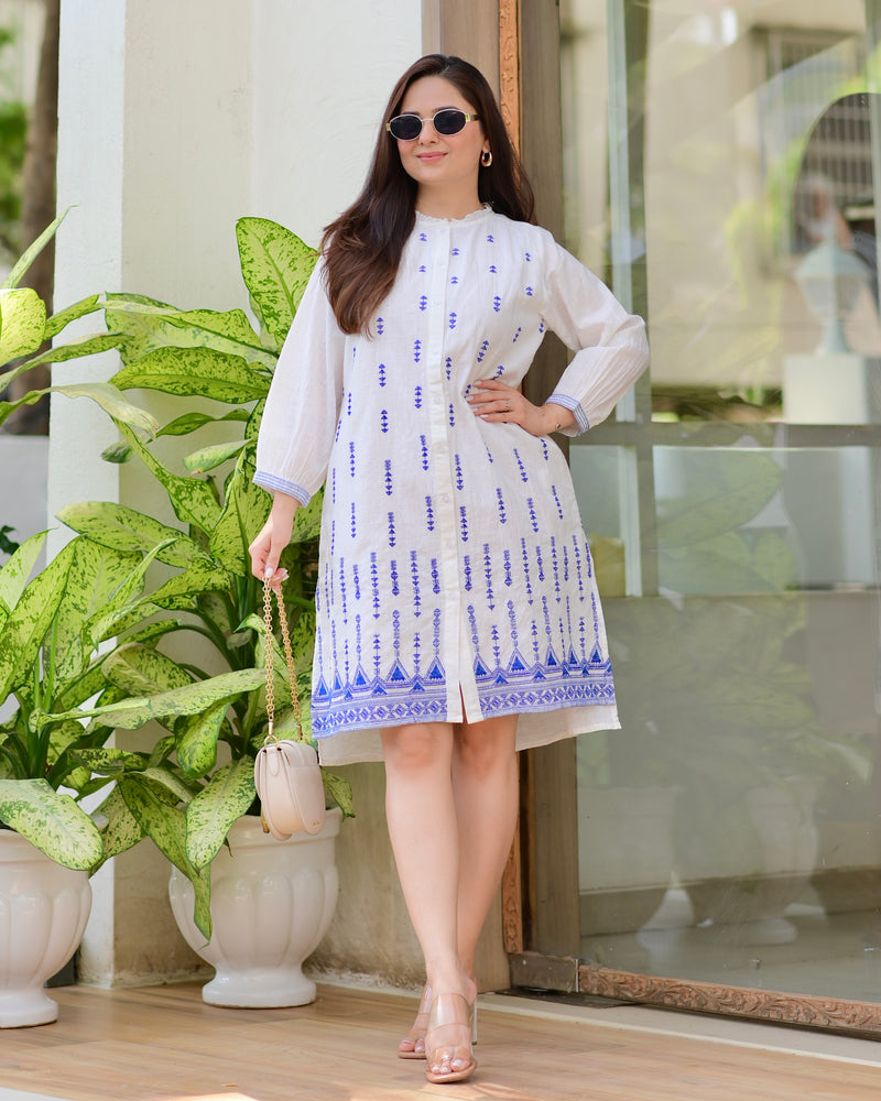 White Blue Blossom Threadwork Premium Cotton Dress