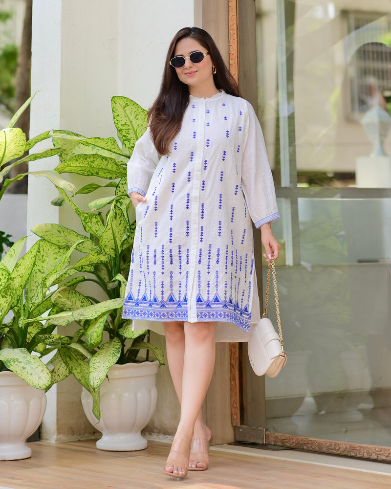 White Blue Blossom Threadwork Premium Cotton Dress