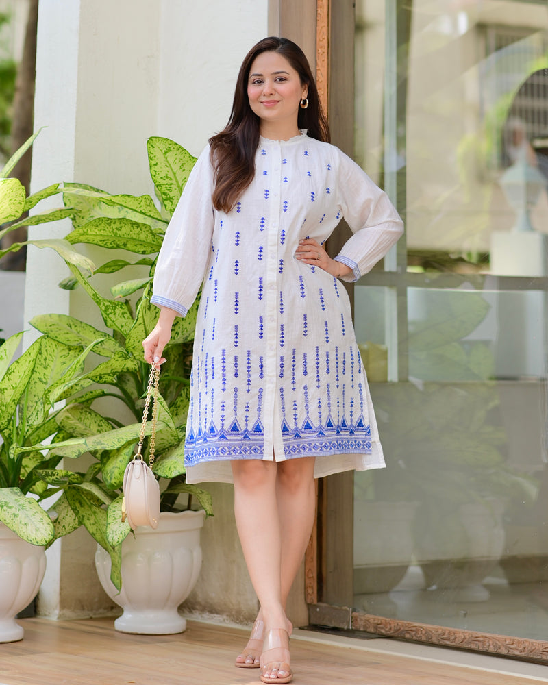 White Blue Blossom Threadwork Premium Cotton Dress