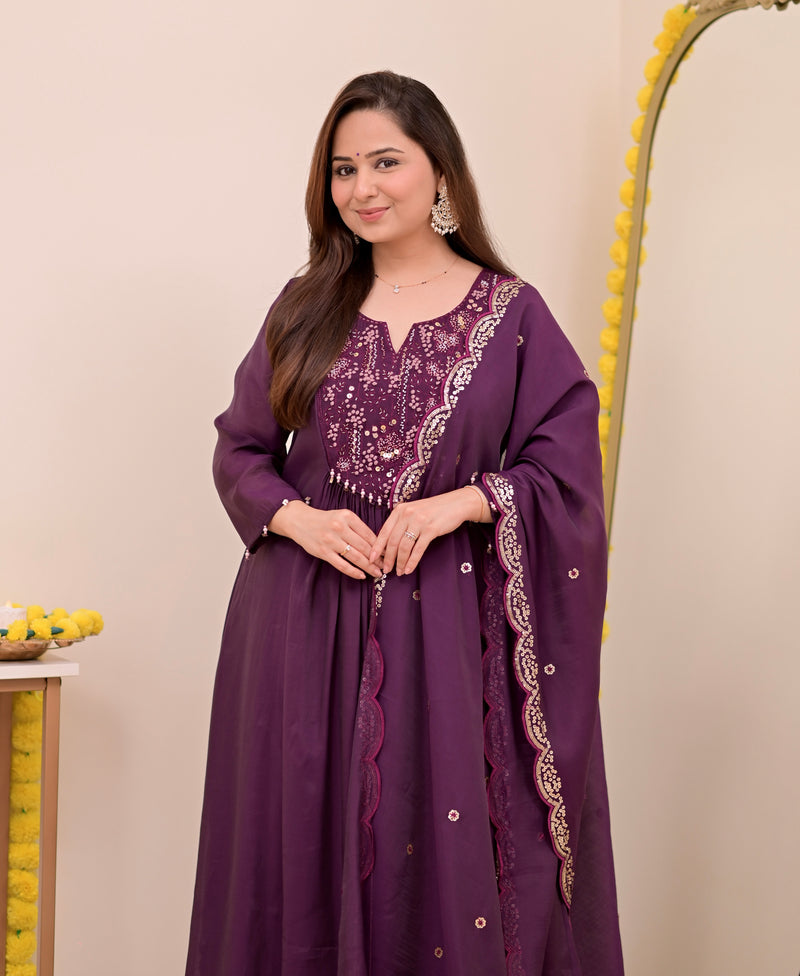 Magenta Noor Handwork Mul Chanderi A Line Suit