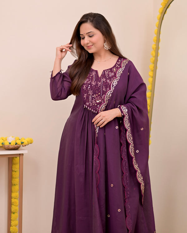 Magenta Noor Handwork Mul Chanderi A Line Suit