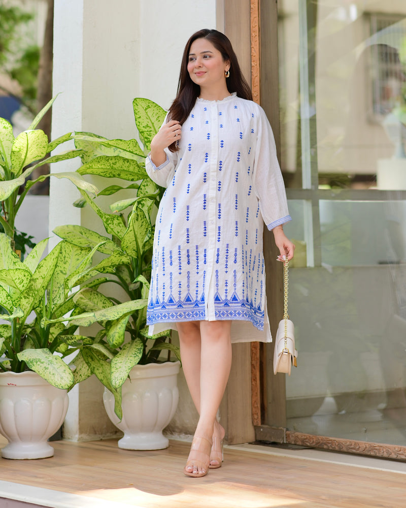 White Blue Blossom Threadwork Premium Cotton Dress
