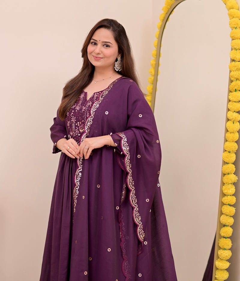 Magenta Noor Handwork Mul Chanderi A Line Suit