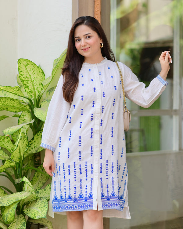 White Blue Blossom Threadwork Premium Cotton Dress