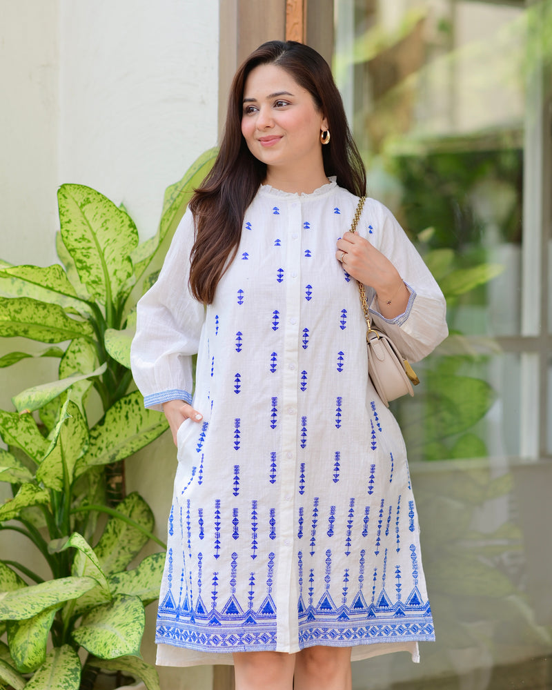 White Blue Blossom Threadwork Premium Cotton Dress