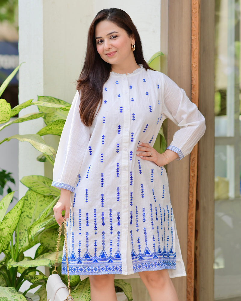 White Blue Blossom Threadwork Premium Cotton Dress