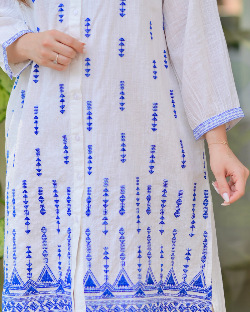 White Blue Blossom Threadwork Premium Cotton Dress