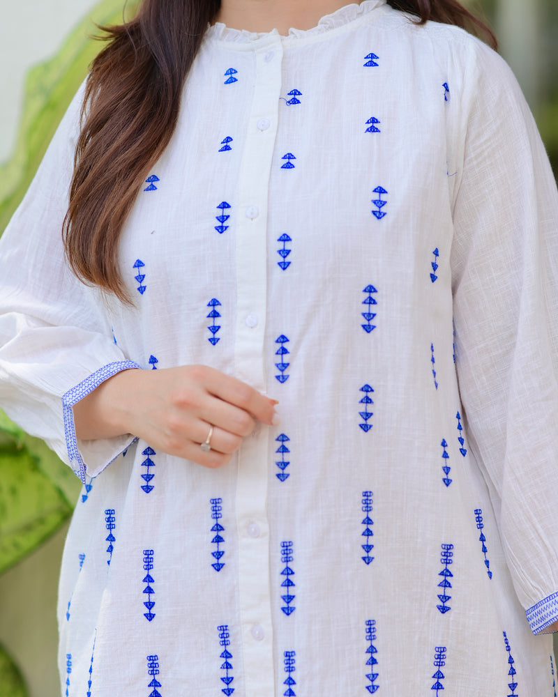 White Blue Blossom Threadwork Premium Cotton Dress