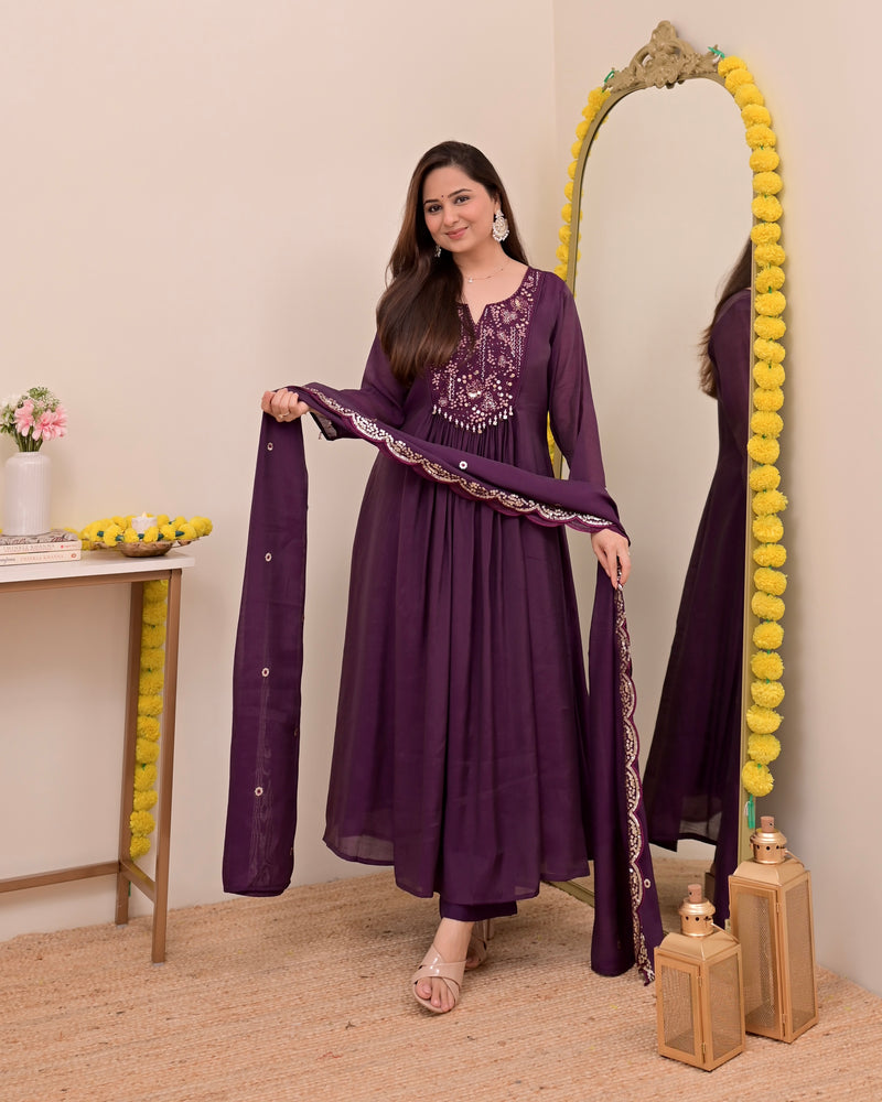 Magenta Noor Handwork Mul Chanderi A Line Suit