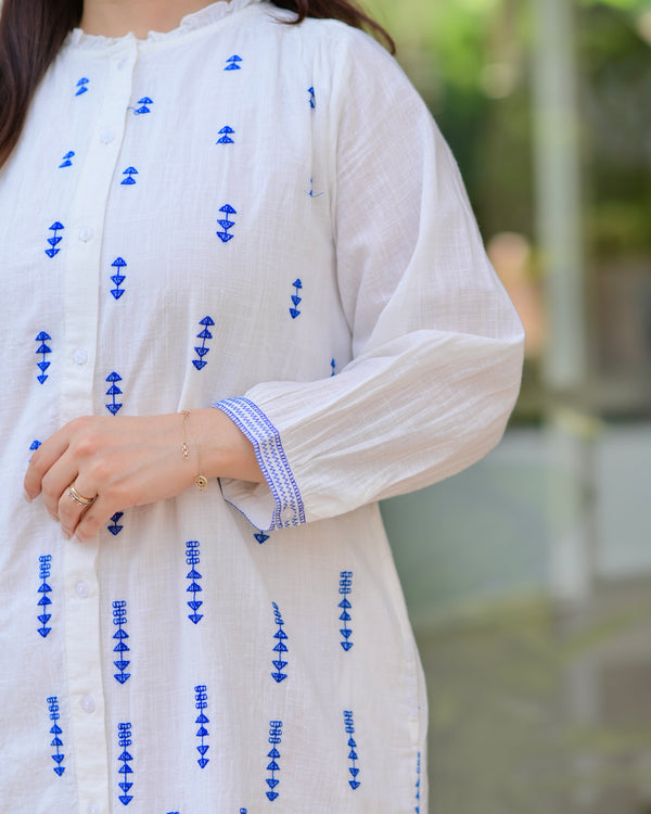 White Blue Blossom Threadwork Premium Cotton Dress