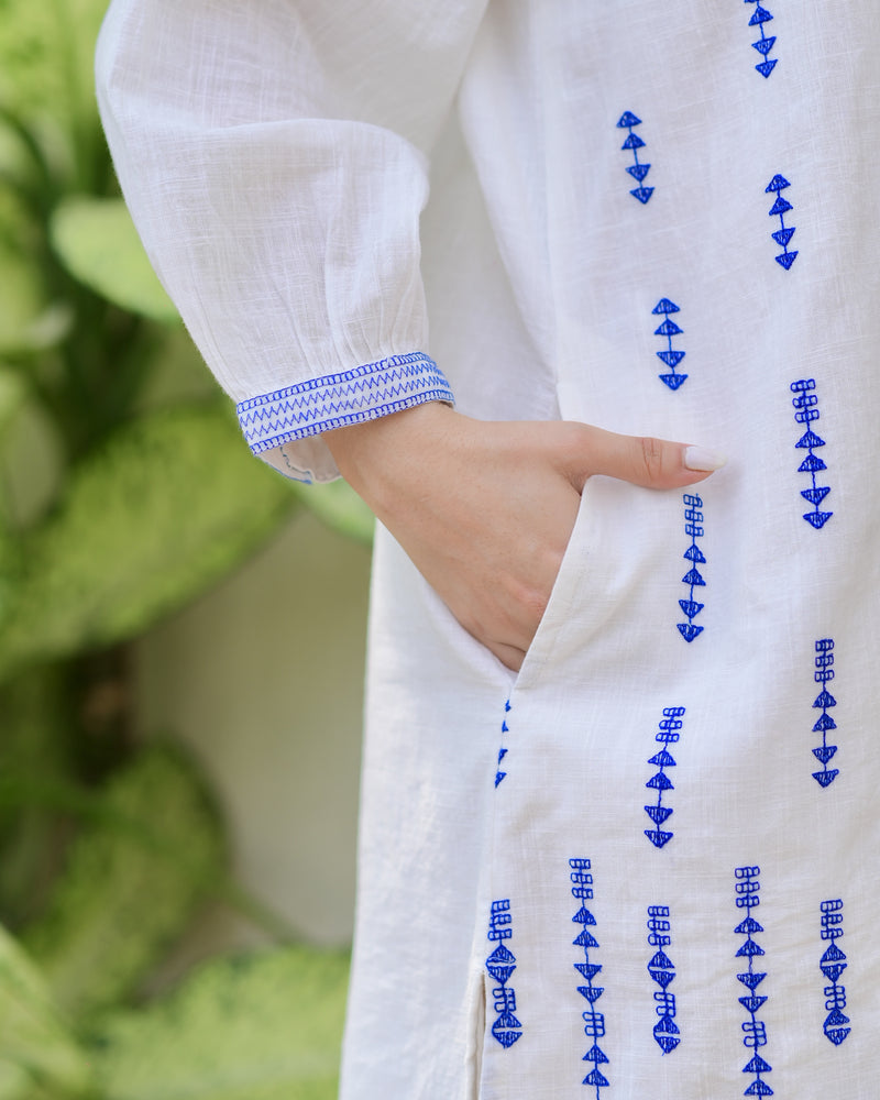 White Blue Blossom Threadwork Premium Cotton Dress