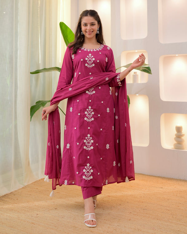 Magenta Threadwork A Line Cotton Suit