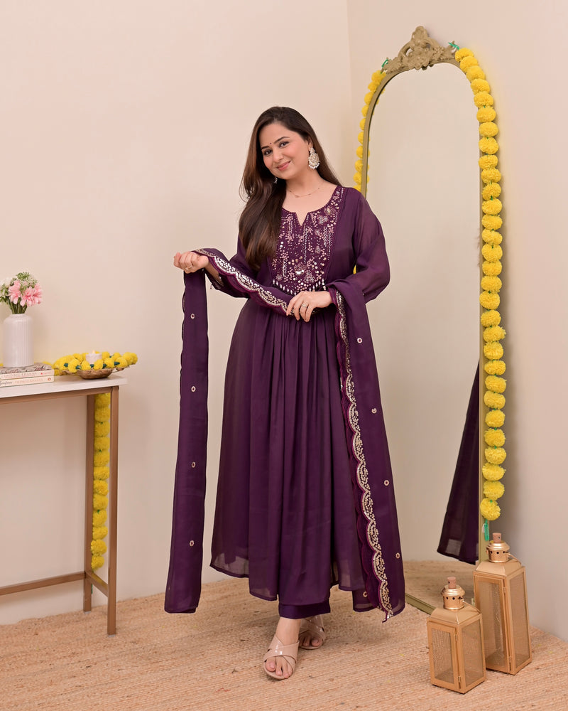 Magenta Noor Handwork Mul Chanderi A Line Suit