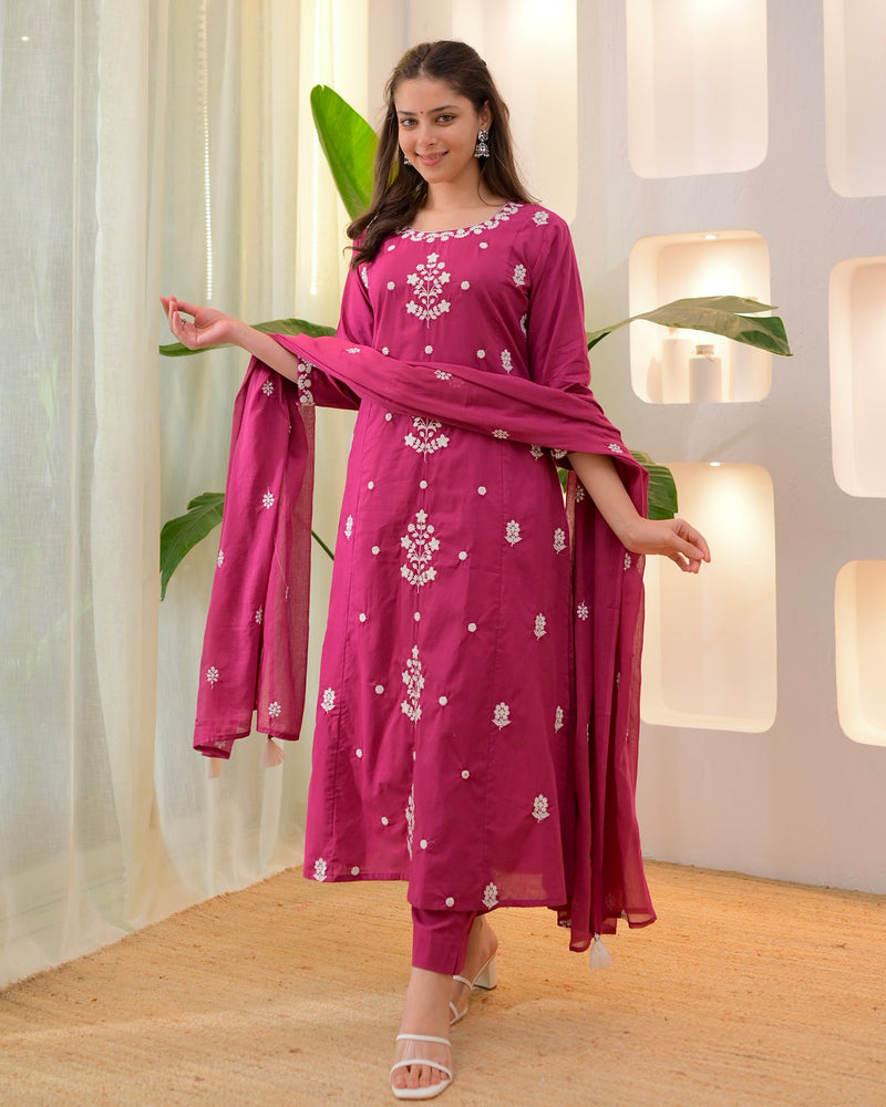 Magenta Threadwork A Line Cotton Suit