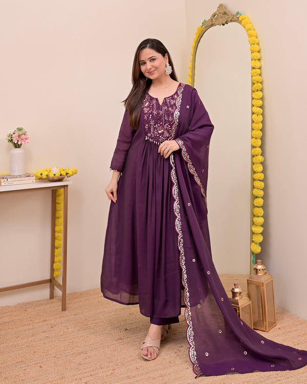 Magenta Noor Handwork Mul Chanderi A Line Suit