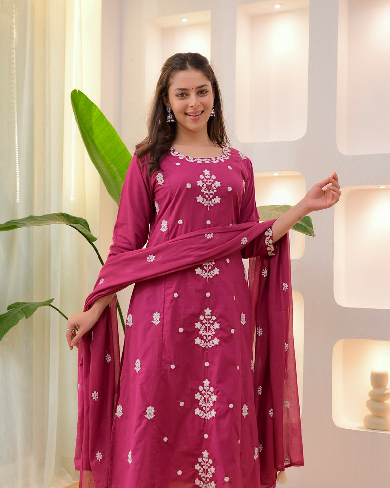 Magenta Threadwork A Line Cotton Suit