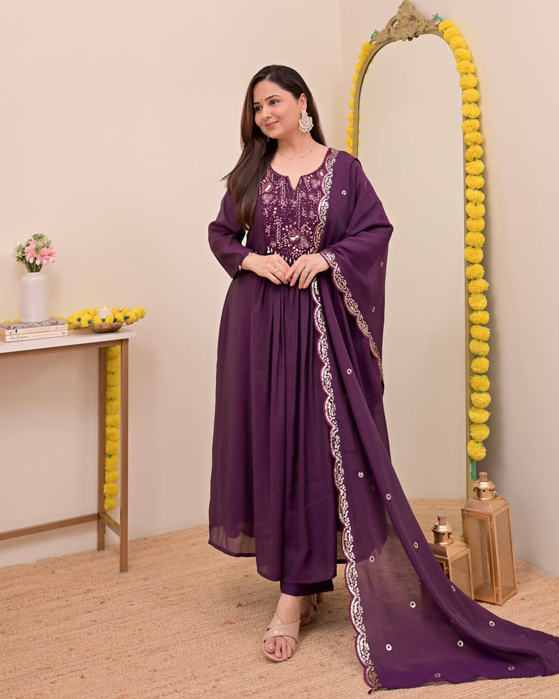 Magenta Noor Handwork Mul Chanderi A Line Suit