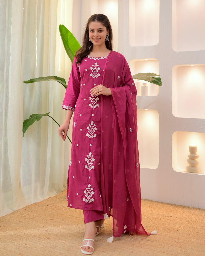 Magenta Threadwork A Line Cotton Suit