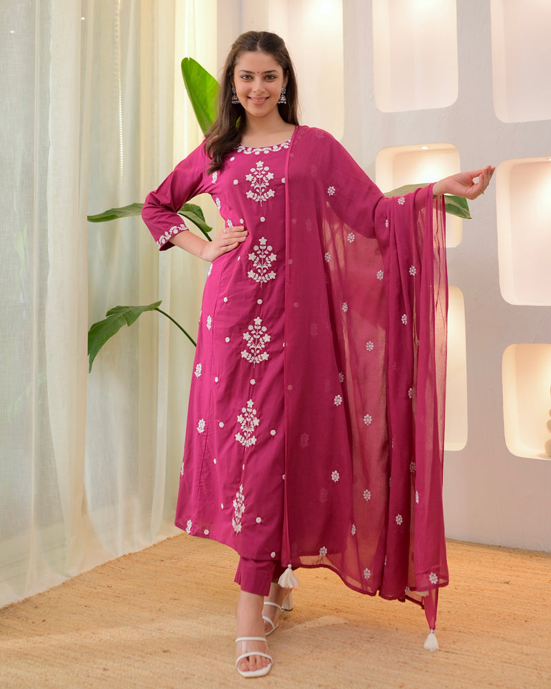 Magenta Threadwork A Line Cotton Suit