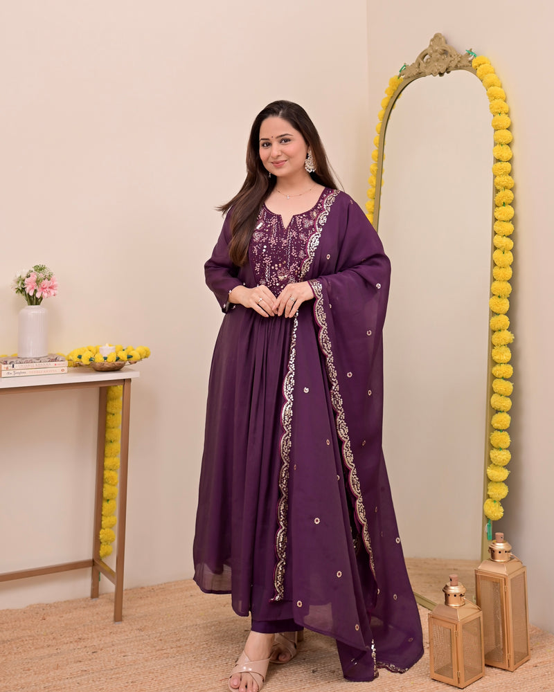 Magenta Noor Handwork Mul Chanderi A Line Suit