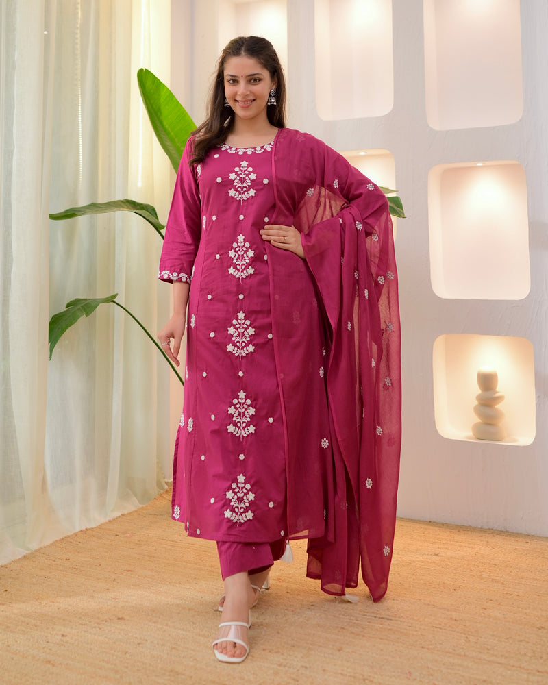 Magenta Threadwork A Line Cotton Suit