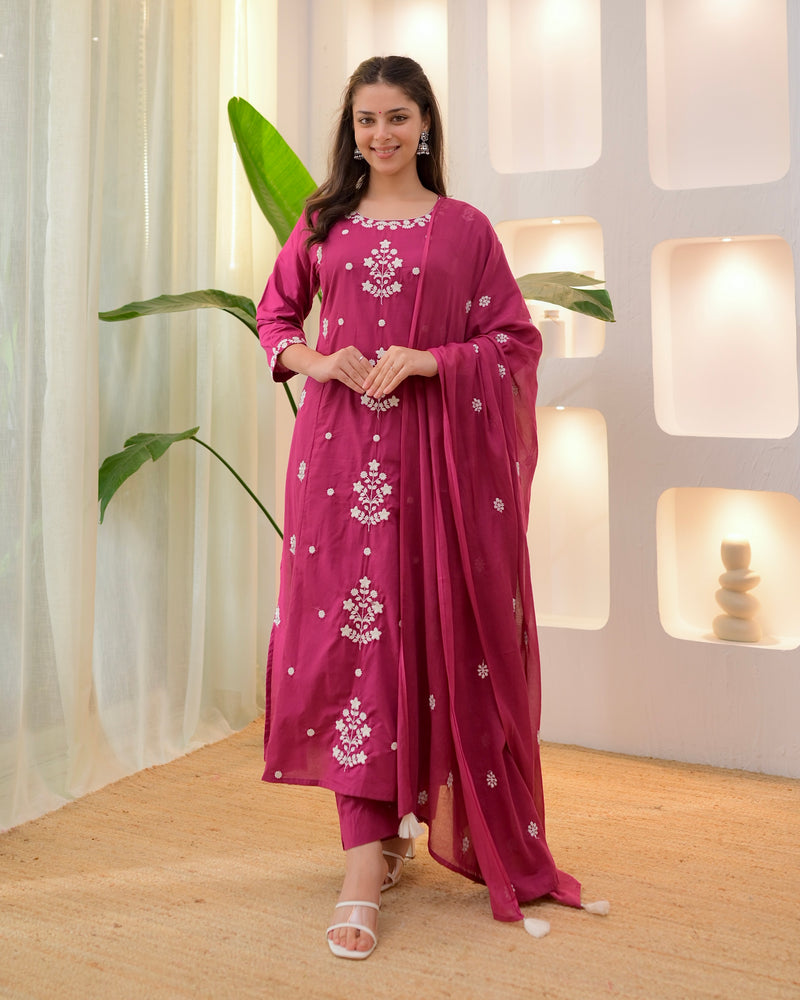 Magenta Threadwork A Line Cotton Suit