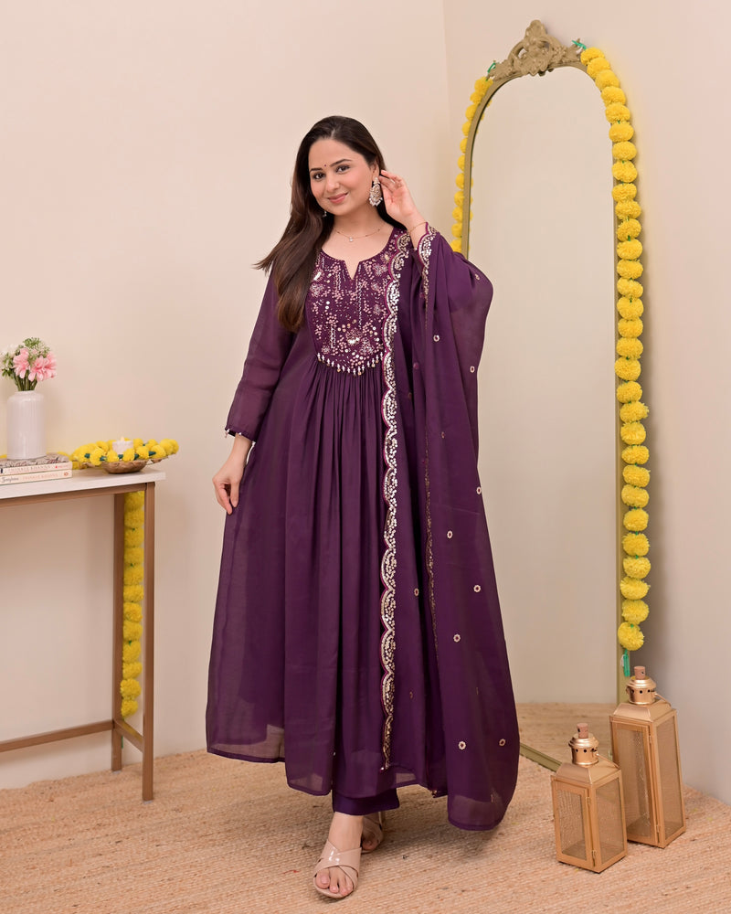 Magenta Noor Handwork Mul Chanderi A Line Suit