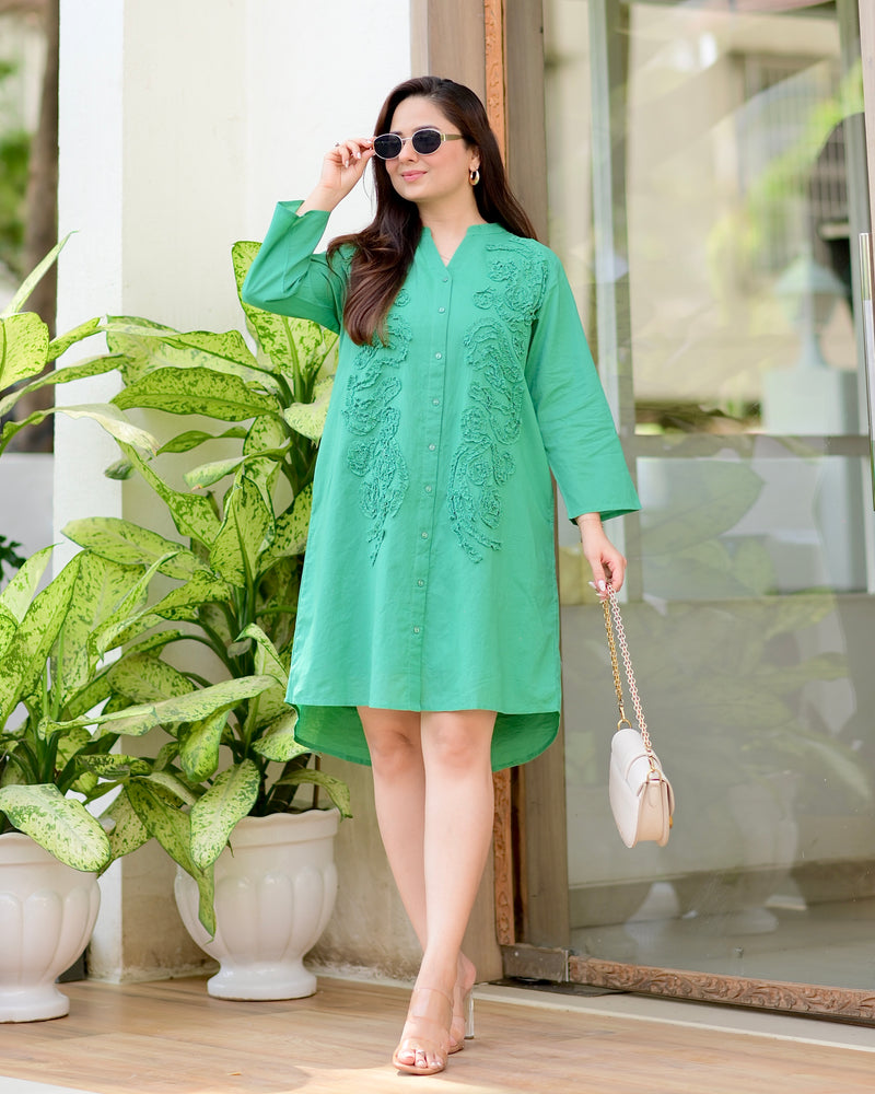Forest Green Applique Premium Cotton Dress