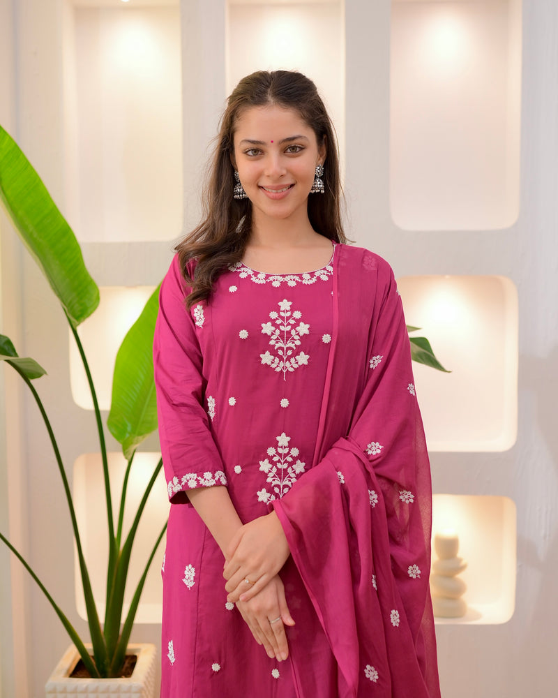 Magenta Threadwork A Line Cotton Suit