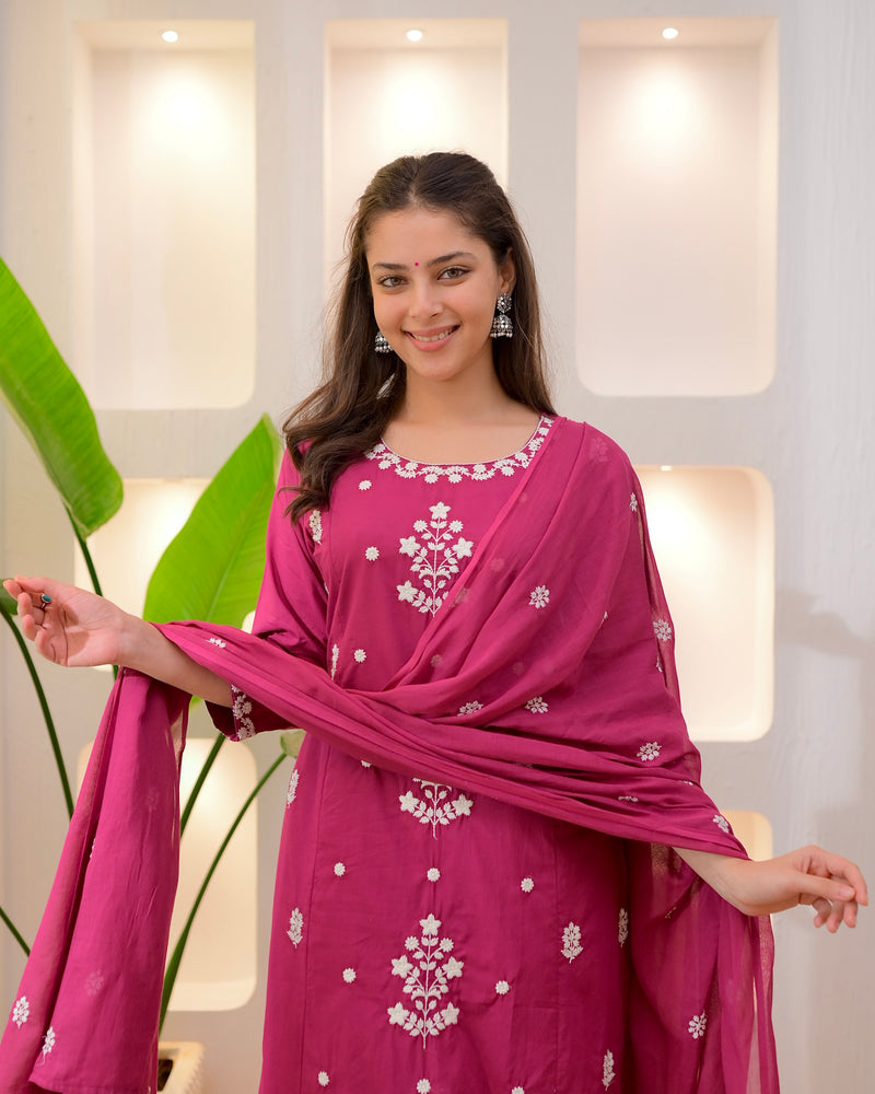 Magenta Threadwork A Line Cotton Suit