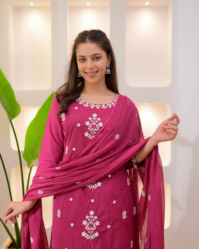 Magenta Threadwork A Line Cotton Suit