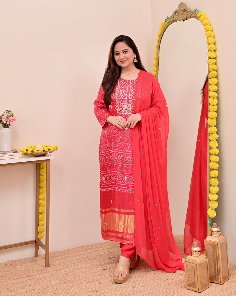 Red Gajji Silk Gotta Work Festive Suit