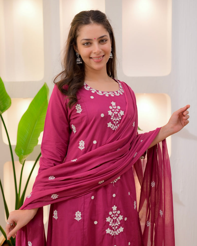 Magenta Threadwork A Line Cotton Suit