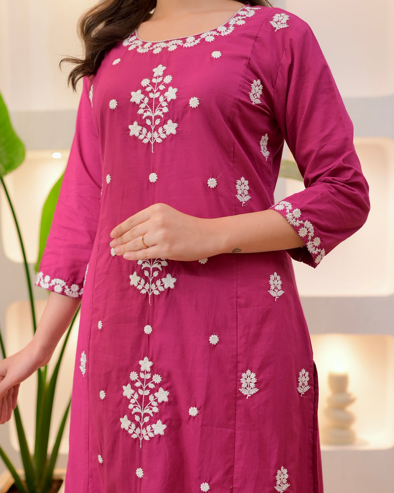 Magenta Threadwork A Line Cotton Suit