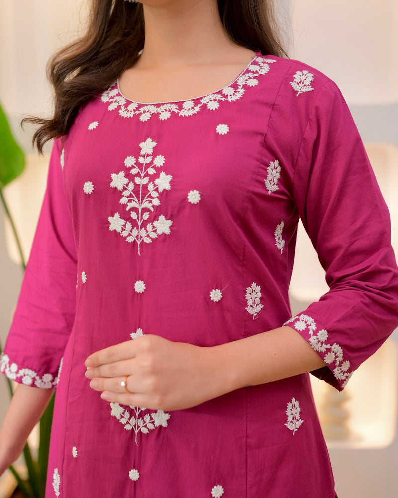 Magenta Threadwork A Line Cotton Suit