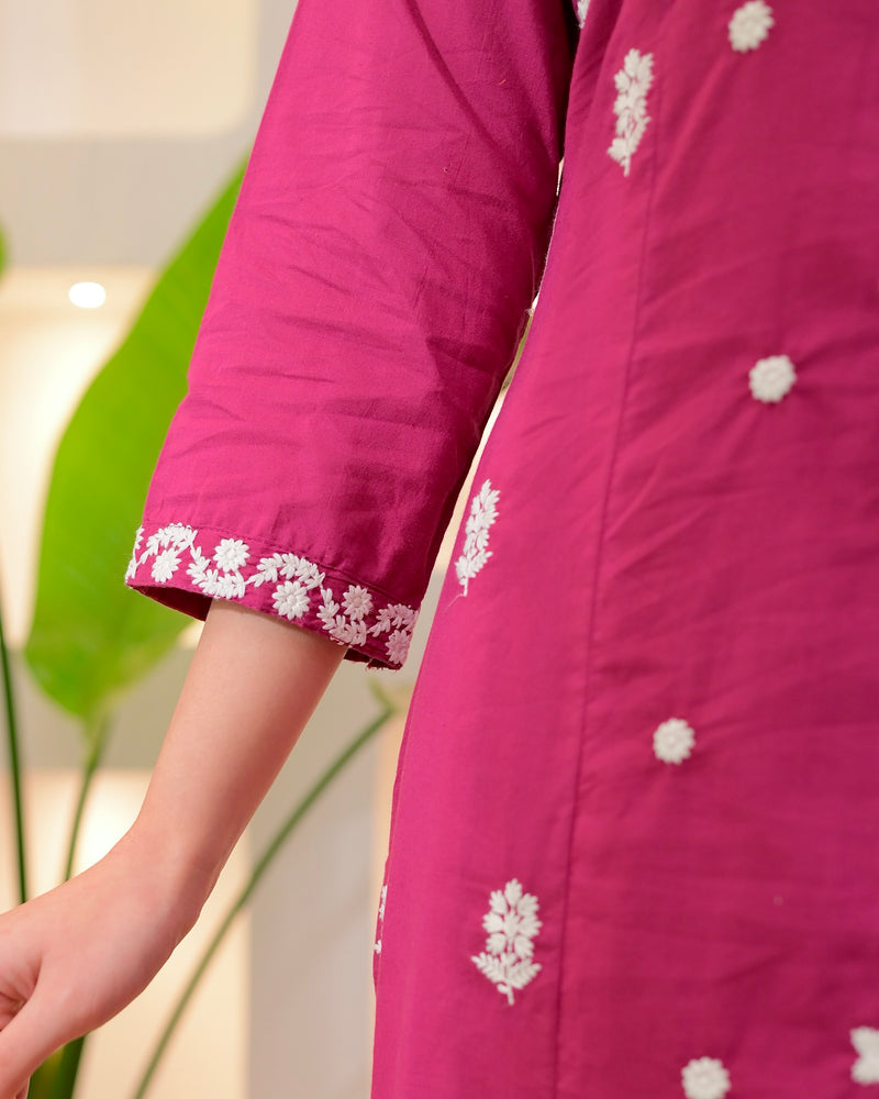 Magenta Threadwork A Line Cotton Suit