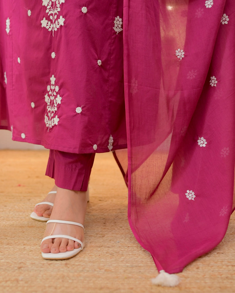 Magenta Threadwork A Line Cotton Suit