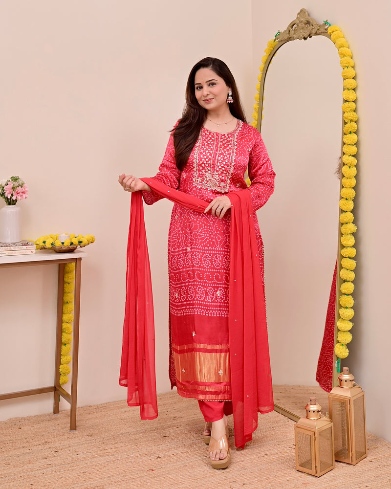 Red Gajji Silk Gotta Work Festive Suit