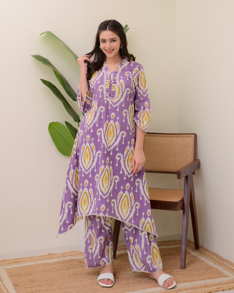 Lavender Baroque A Line Cotton Kurta Set