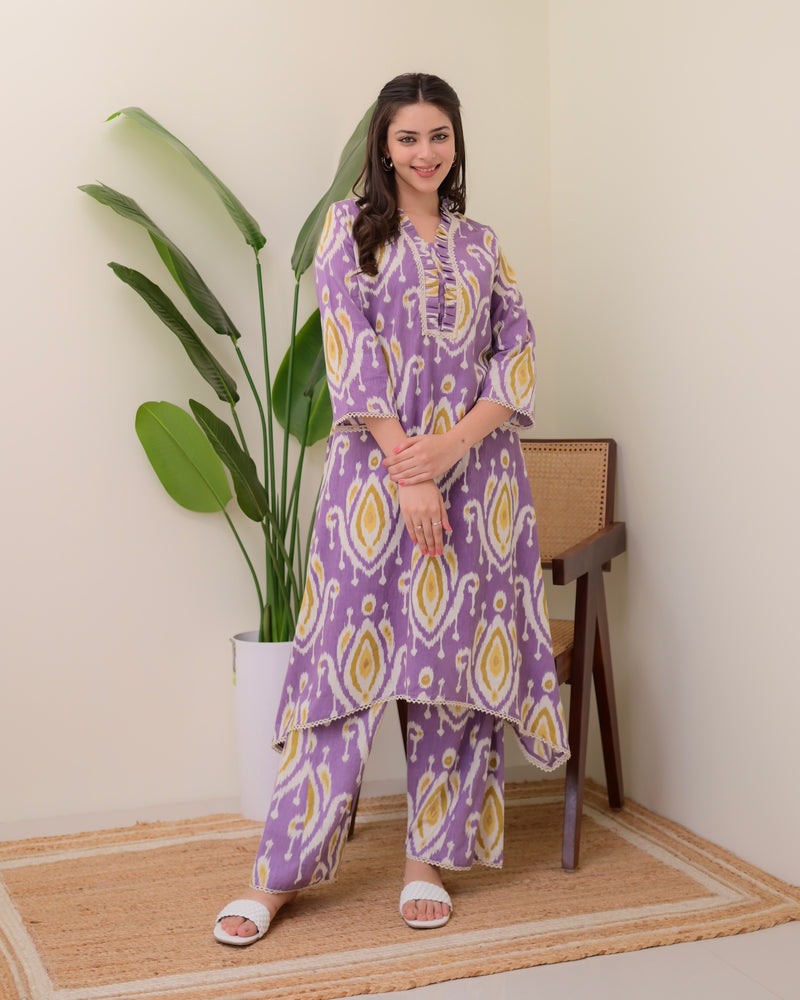 Lavender Baroque A Line Cotton Kurta Set