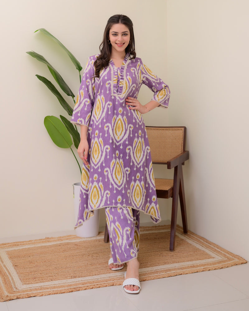 Lavender Baroque A Line Cotton Kurta Set