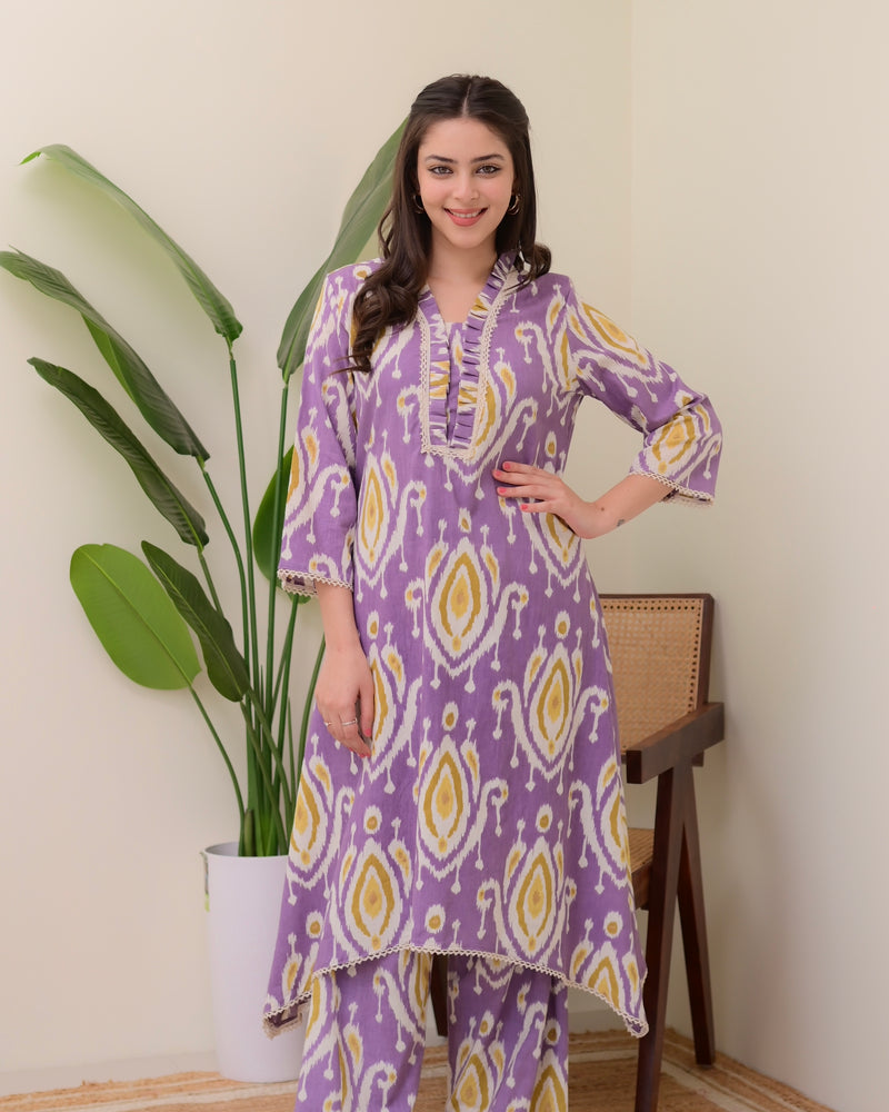 Lavender Baroque A Line Cotton Kurta Set