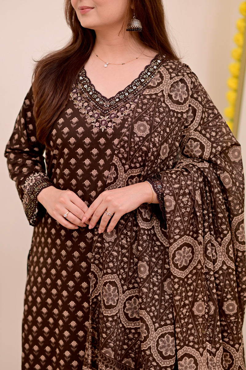 Mocha Brown Blossom Floral Cotton Suit