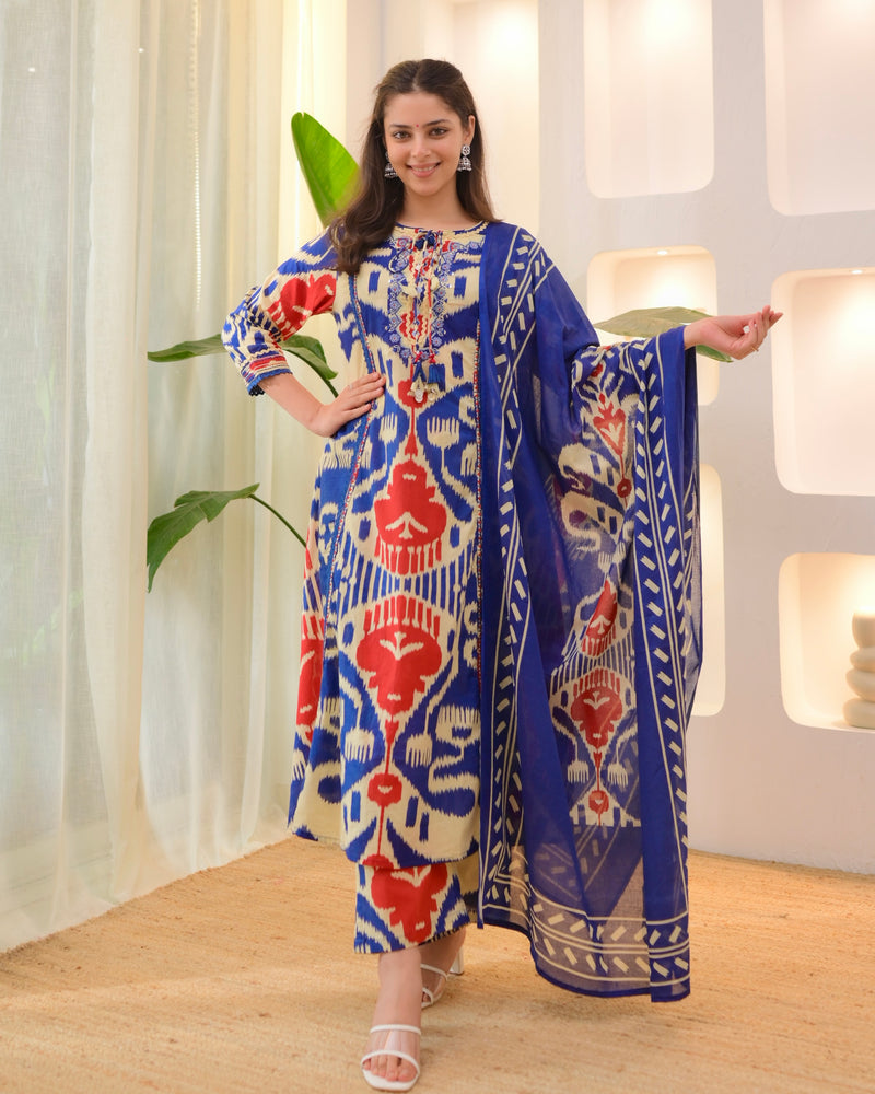 Blue Baroque A Line Handwork Cotton Suit