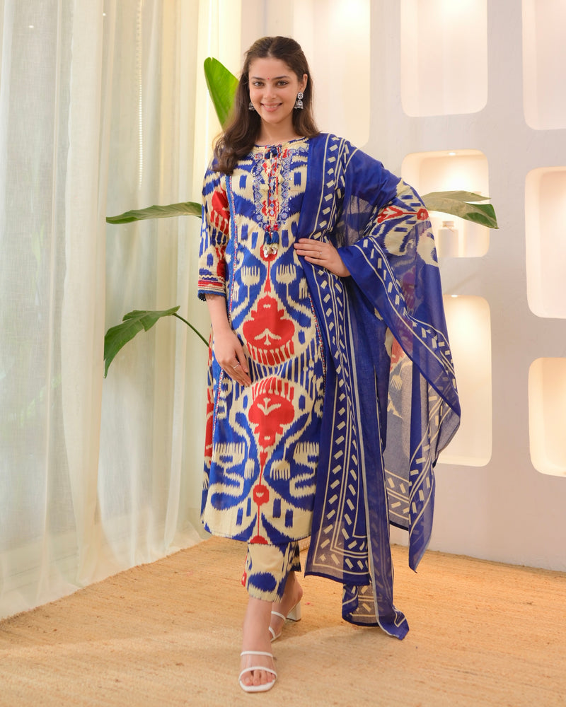 Blue Baroque A Line Handwork Cotton Suit