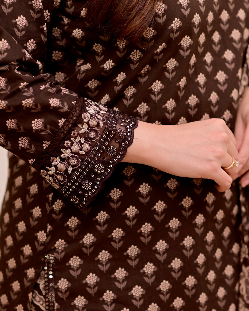Mocha Brown Blossom Floral Cotton Suit