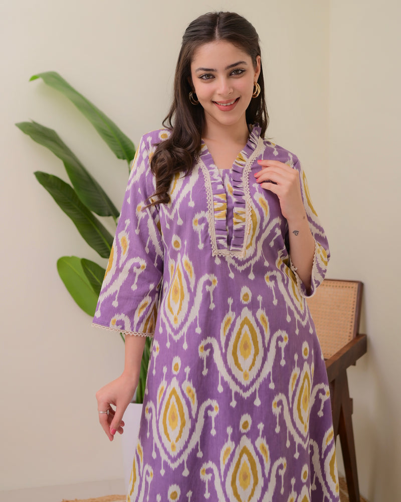 Lavender Baroque A Line Cotton Kurta Set