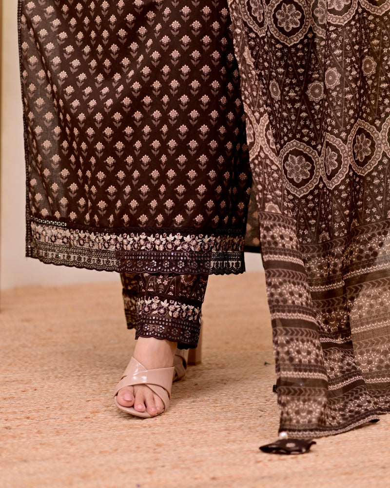 Mocha Brown Blossom Floral Cotton Suit