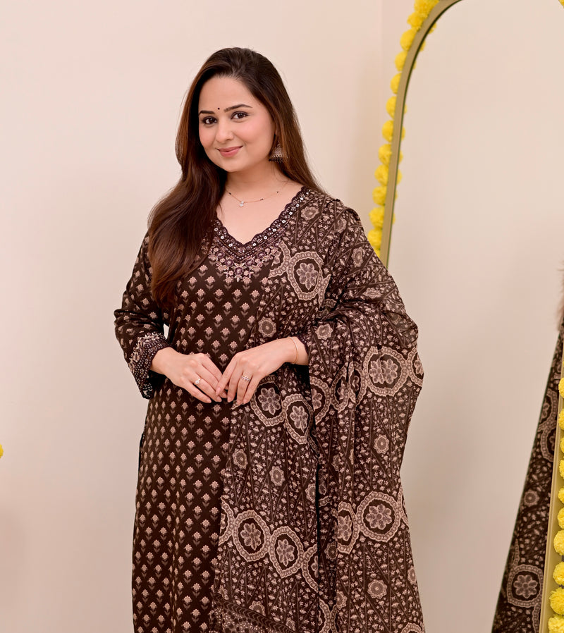Mocha Brown Blossom Floral Cotton Suit