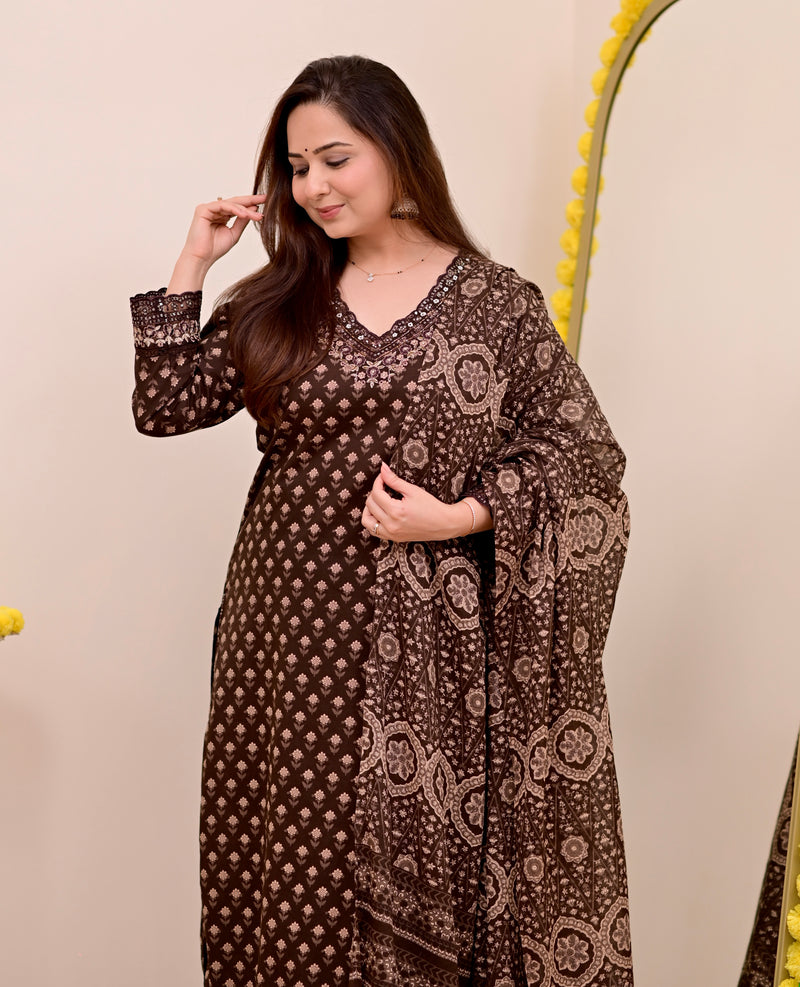 Mocha Brown Blossom Floral Cotton Suit